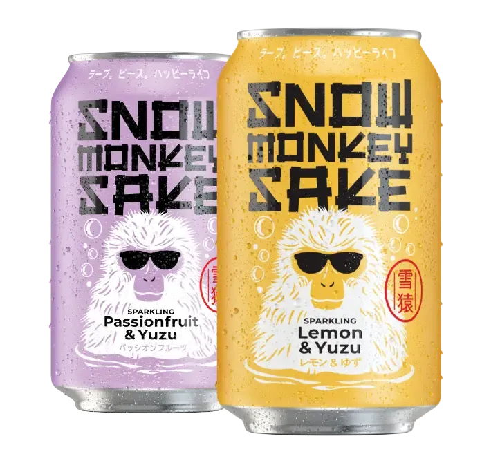 Two cans of Snow Monkey Sake, Passionfruit and Yuzu and Lemon and Yuzu