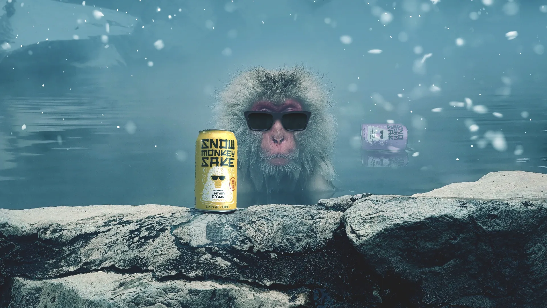 A snow monkey in a hot spring wearing glasses and a can of Lemon and Yuzu Sake